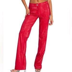 RED SNAKESKIN MATTE VINYL HIGH WAIST STRAIGHT LEG PANTS